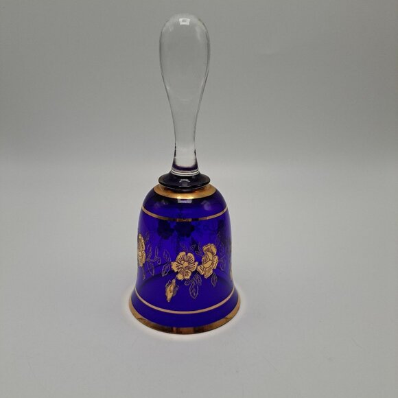 Bohemian Blue Glass Bell With Gold Floral Design - Picture 2 of 10